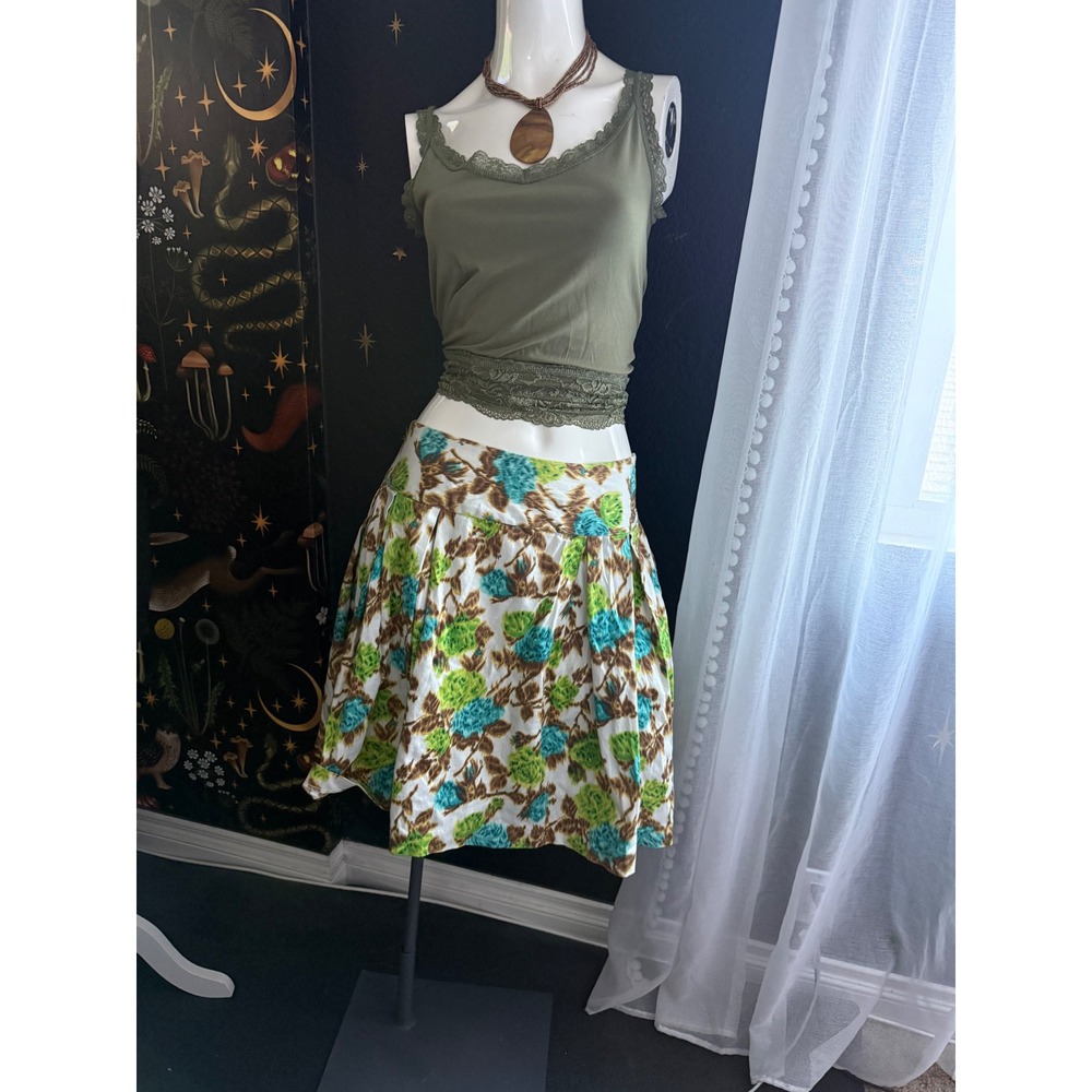 Milly of New York Floral Pleated Mini Skirt Green‎ Blue Brown Cotton Size 8